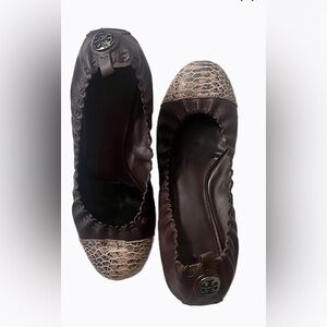 Tory Burch Dark Brown Leather Abbey flats  Snakeskin Cap Toe